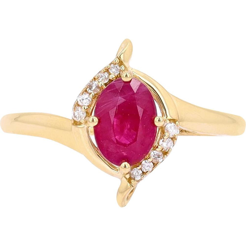 14K Yellow Gold Oval Ruby and Diamond Asymmetrical Halo Ring - 0.05 Carats Diamond Total Weight