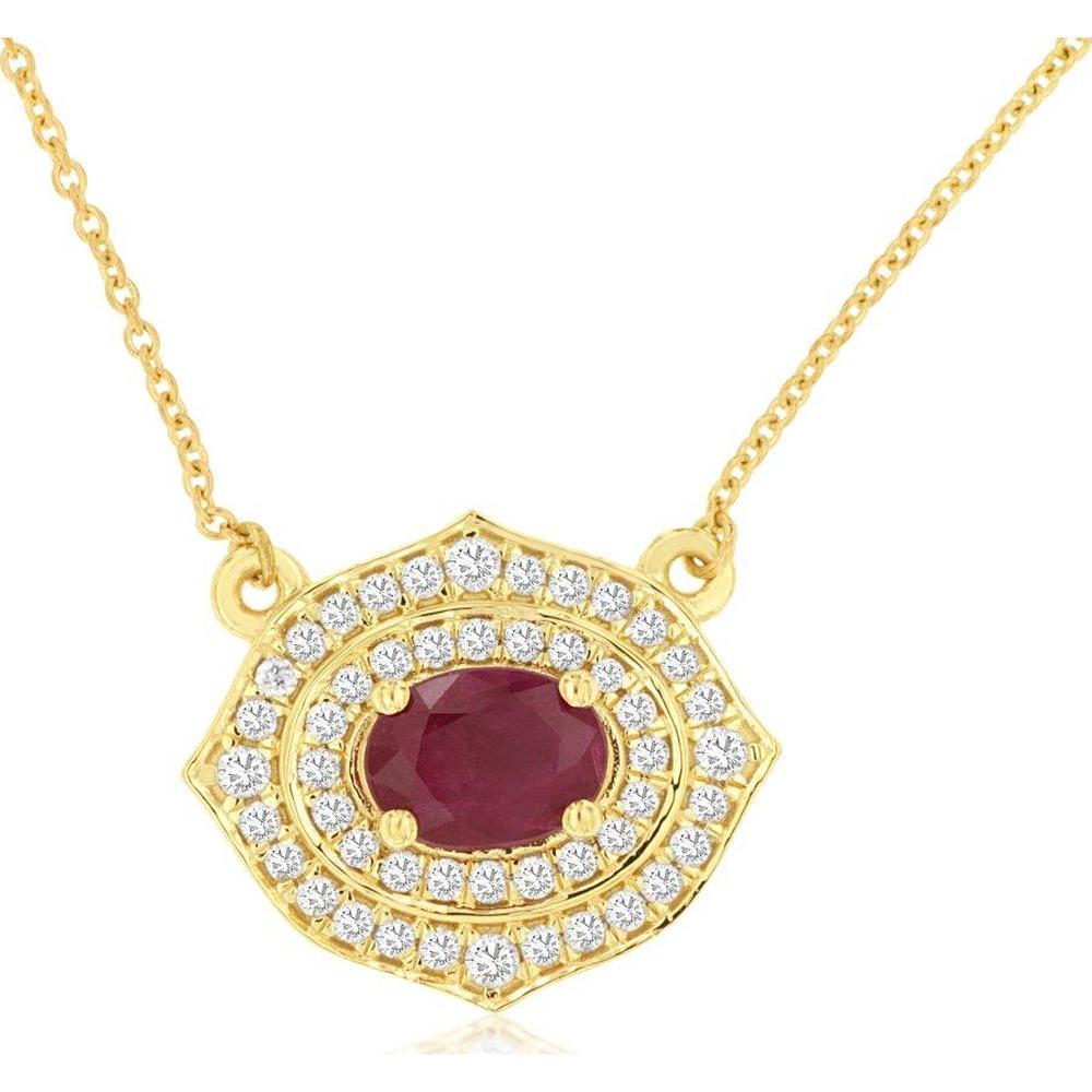 14K Yellow Gold Oval Ruby and Diamond Double Halo Pendant Necklace with Milgrain Detail - 0.97 Carat Ruby and 0.35 Carat Total Diamond Weight - Royal Jewelry