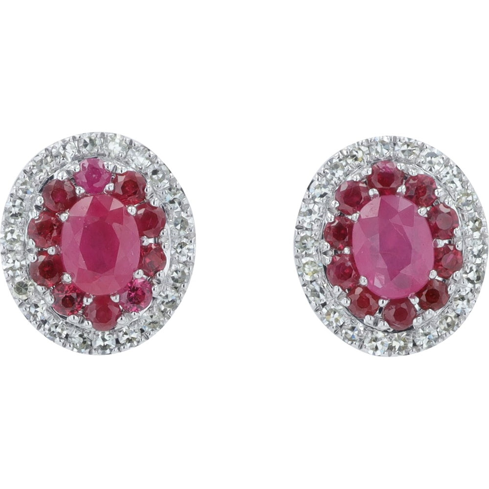 14K Yellow Gold Oval Ruby and Diamond Double Halo Stud Earrings - 0.75 Carat Total Ruby Weight and 0.20 Carat Total Diamond Weight