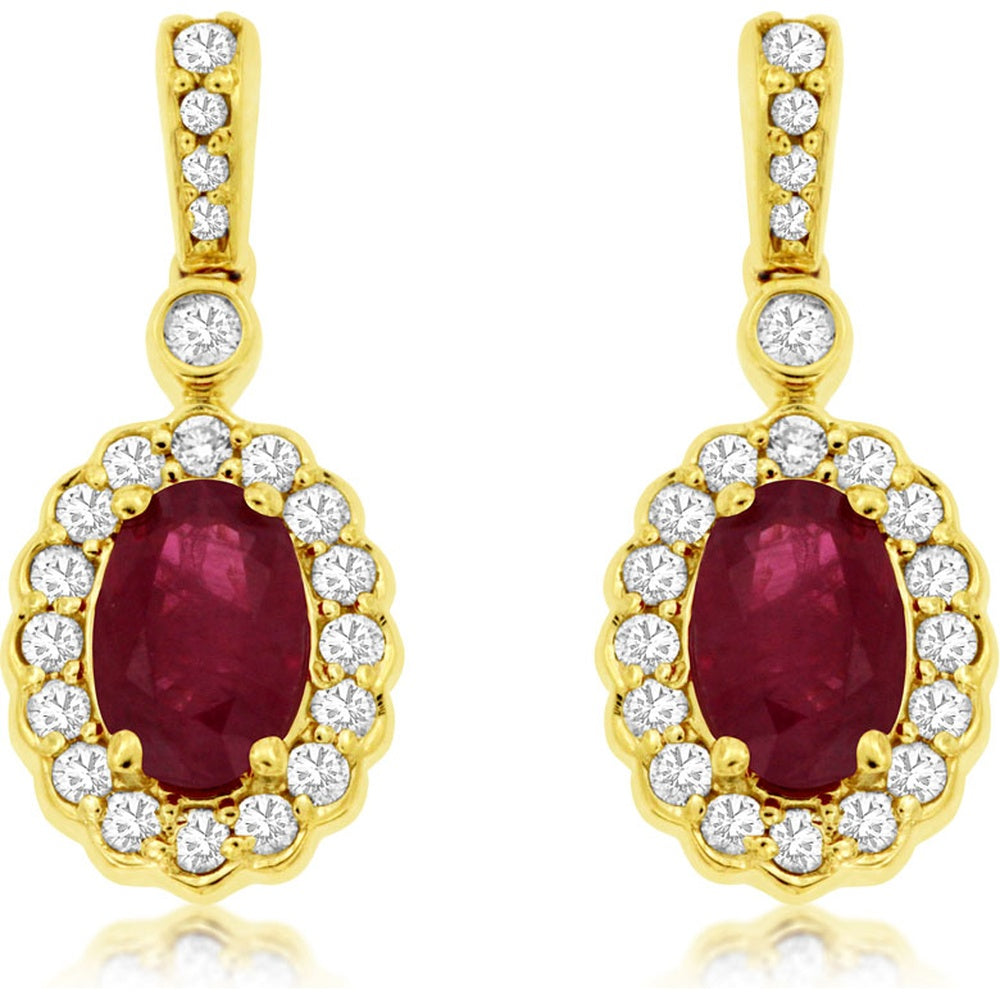 14K Yellow Gold Oval Ruby and Diamond Halo Drop Earrings - 1.00 Carat Total Ruby Weight and 0.33 Carat Total Diamond Weight - Royal Jewelry