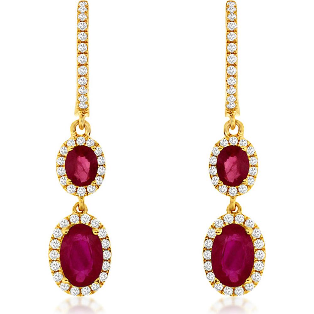 14K Yellow Gold Oval Ruby & Diamond Halo Drop Earrings - 1.82 Carat Total Ruby Weight (0.30 Carat Upper & 1.52 Carat Lower) - Royal Jewelry