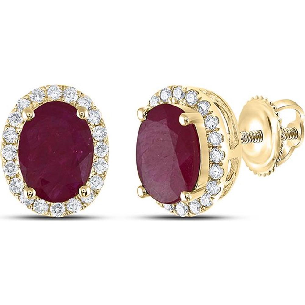 14K Yellow Gold Oval Ruby and Diamond Halo Earrings - 2.01 Carat Total Gem Weight