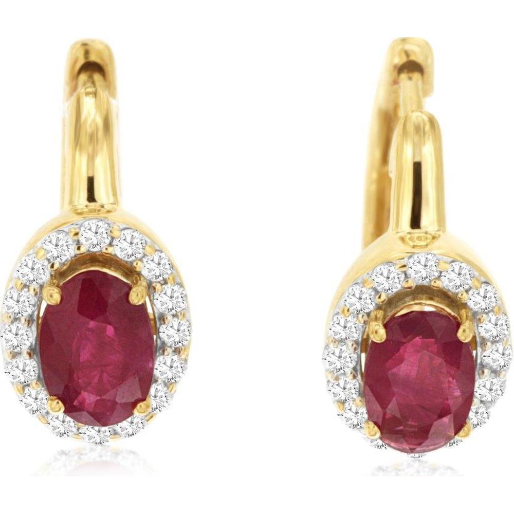 14K Yellow Gold Oval Ruby and Diamond Halo Lever-Back Earrings - 1.10 Carat Total Ruby Weight, 0.25 Carat Total Diamond Weight - Royal Jewelry