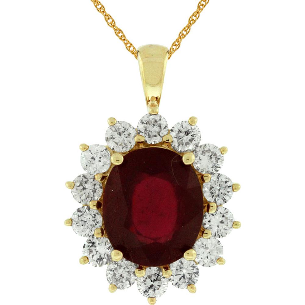 14K Yellow Gold Oval Ruby and Diamond Halo Pendant in Princess Di Style - 5.75 Carat Ruby with 1.90 Carat Total Diamond Weight - Royal Jewelry