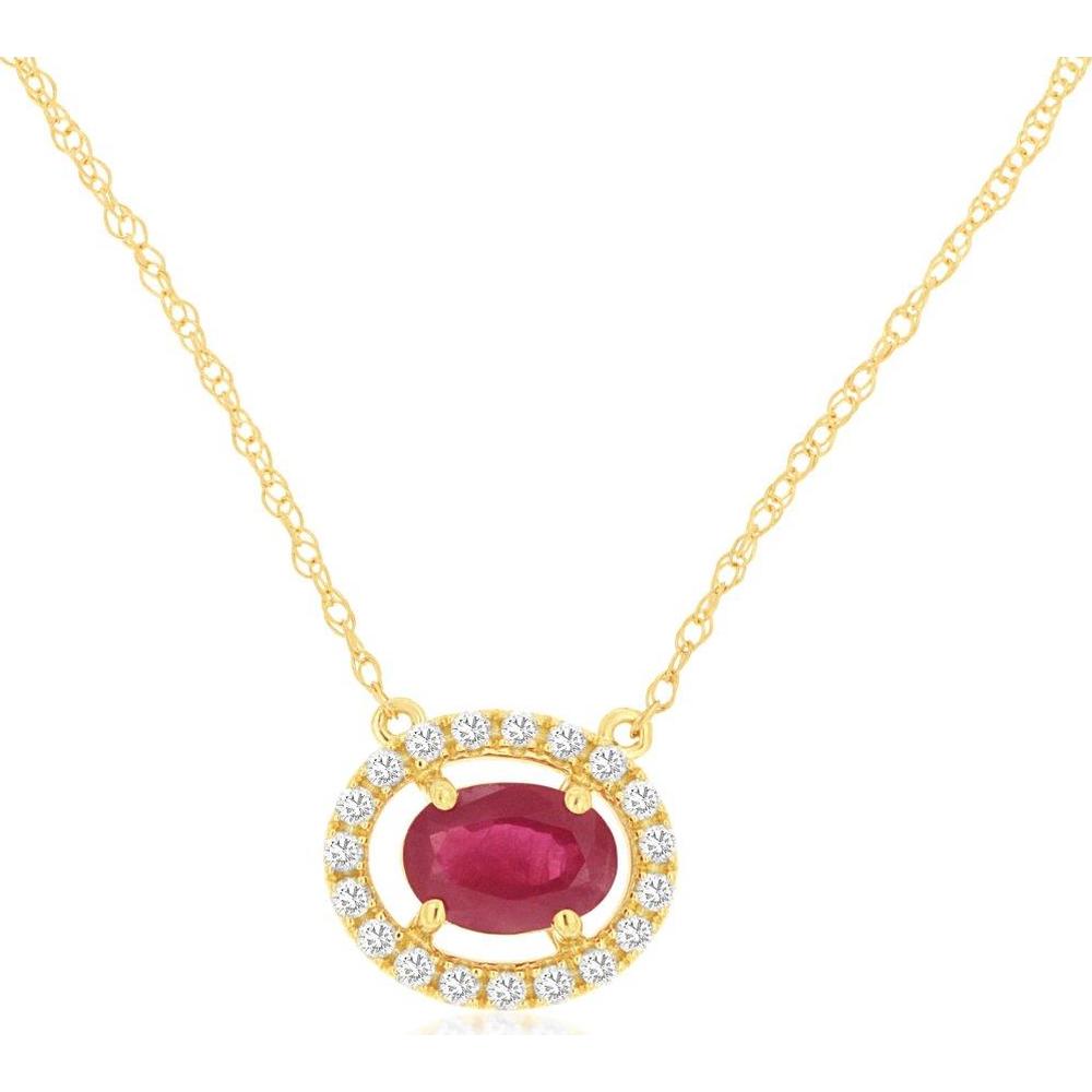 14K Yellow Gold Oval Ruby and Diamond Halo Pendant Necklace - 0.56 Carat Ruby and 0.12 Carat Total Diamond Weight - Royal Jewelry