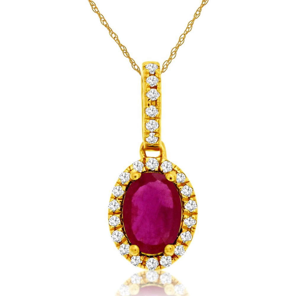 14K Yellow Gold Oval Ruby and Diamond Halo Pendant with Diamond-Accented Bail - 0.90 Carat Ruby and 0.12 Carat Total Diamond Weight - Royal Jewelry
