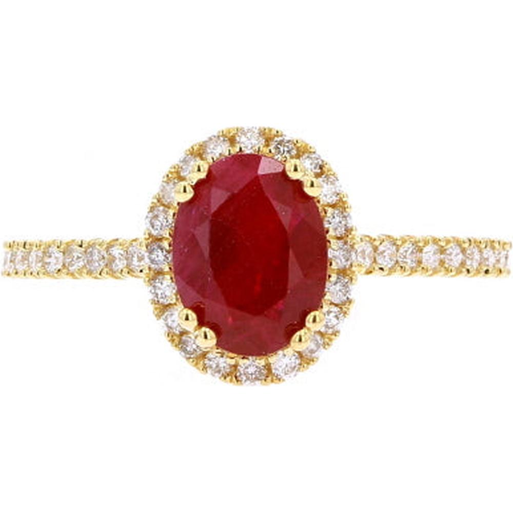 14K Yellow Gold Oval Ruby and Diamond Halo Ring - 0.29 Carats Total Diamond Weight