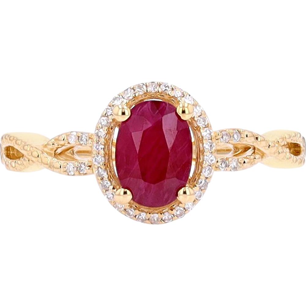 14K Yellow Gold Oval Ruby & Diamond Halo Ring - 1.00 Carat Ruby, 0.10 Carat Diamonds