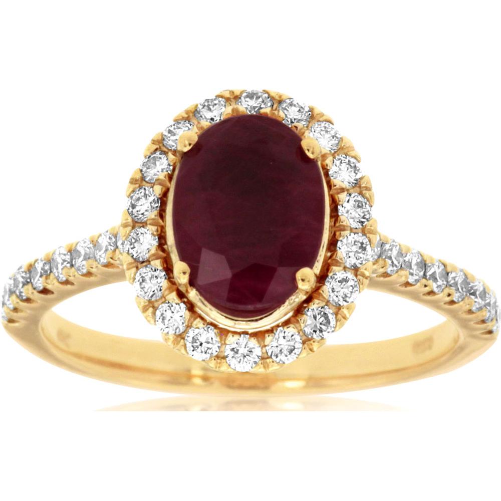 14K Yellow Gold Oval Ruby & Diamond Halo Ring – 1.20 Carat Ruby with 0.50 Carat Round Diamond Accents - Royal Jewelry