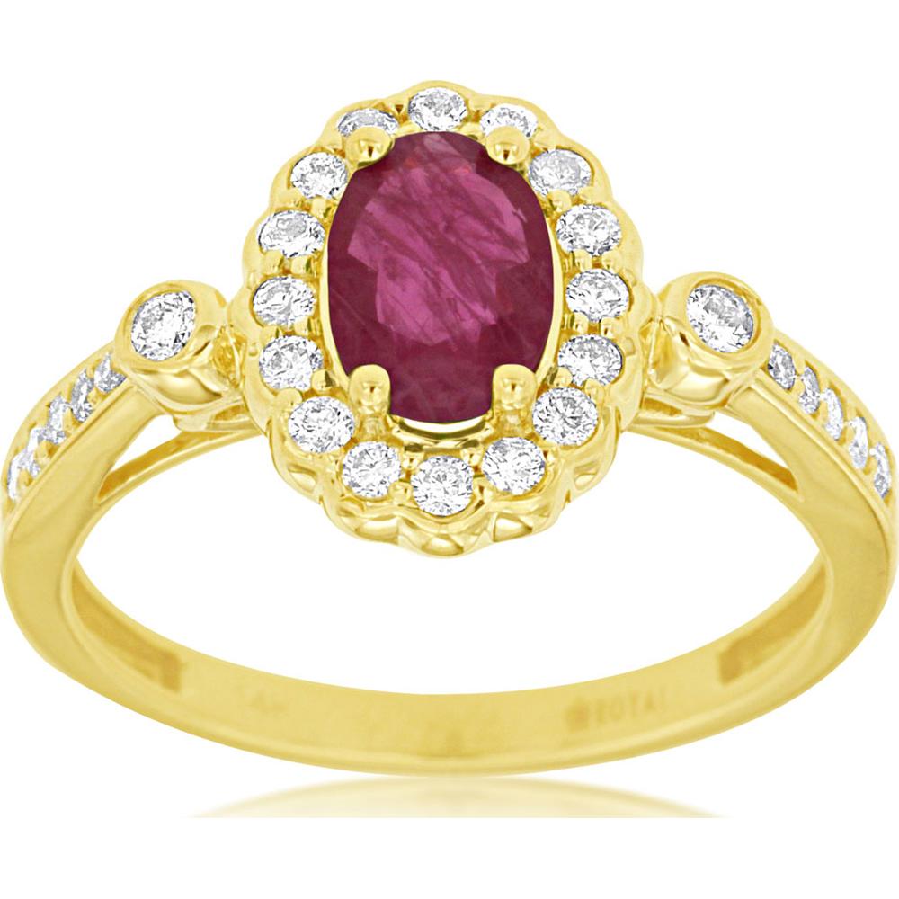 14K Yellow Gold Oval Ruby and Diamond Halo Ring with 0.90 Carat Ruby and 0.34 Carat Total Diamond Weight - Royal Jewelry
