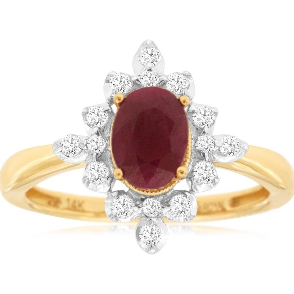 14K Yellow Gold Oval Ruby and Diamond Halo Ring with Milgrain Detail - 0.90 Carat Ruby, 0.25 Carat Total Diamond Weight - Royal Jewelry