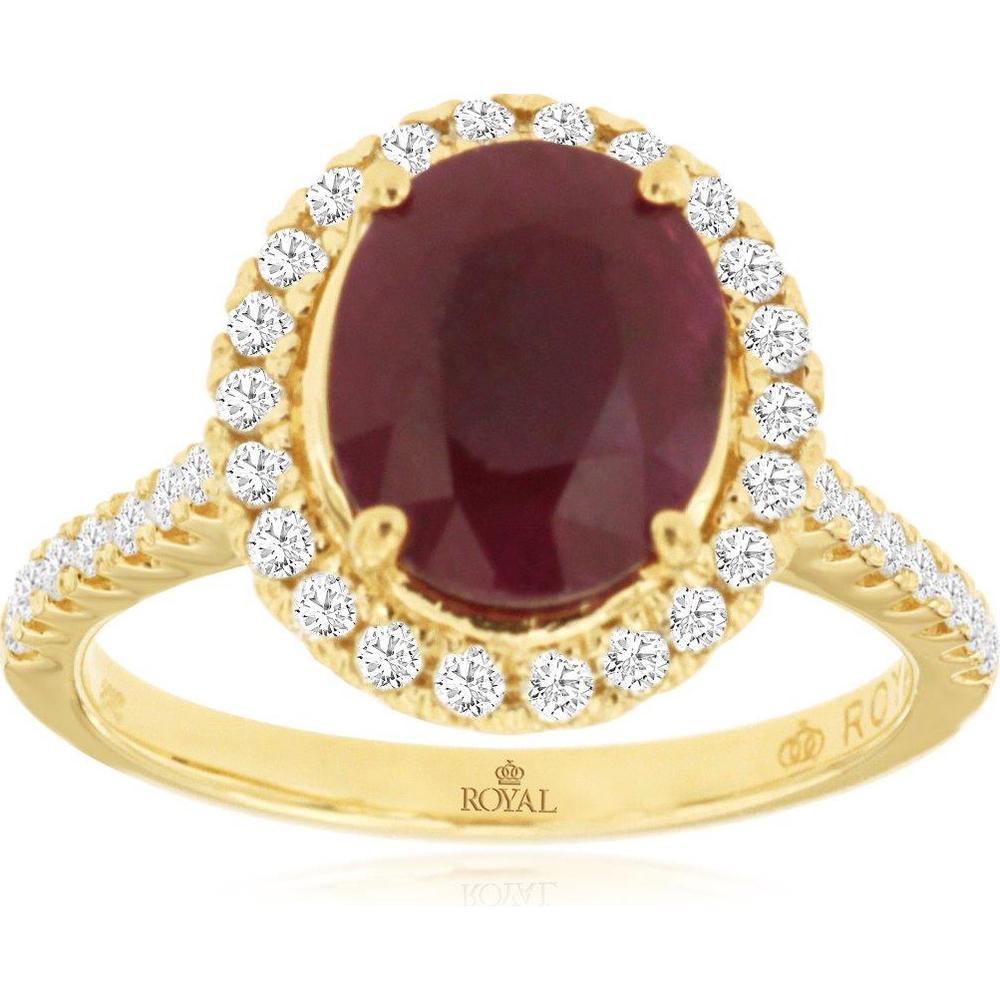 14K Yellow Gold Oval Ruby and Diamond Halo Ring with Milgrain Detail - 3.10 Carat Ruby and 0.60 Carat Diamonds - Royal Jewelry