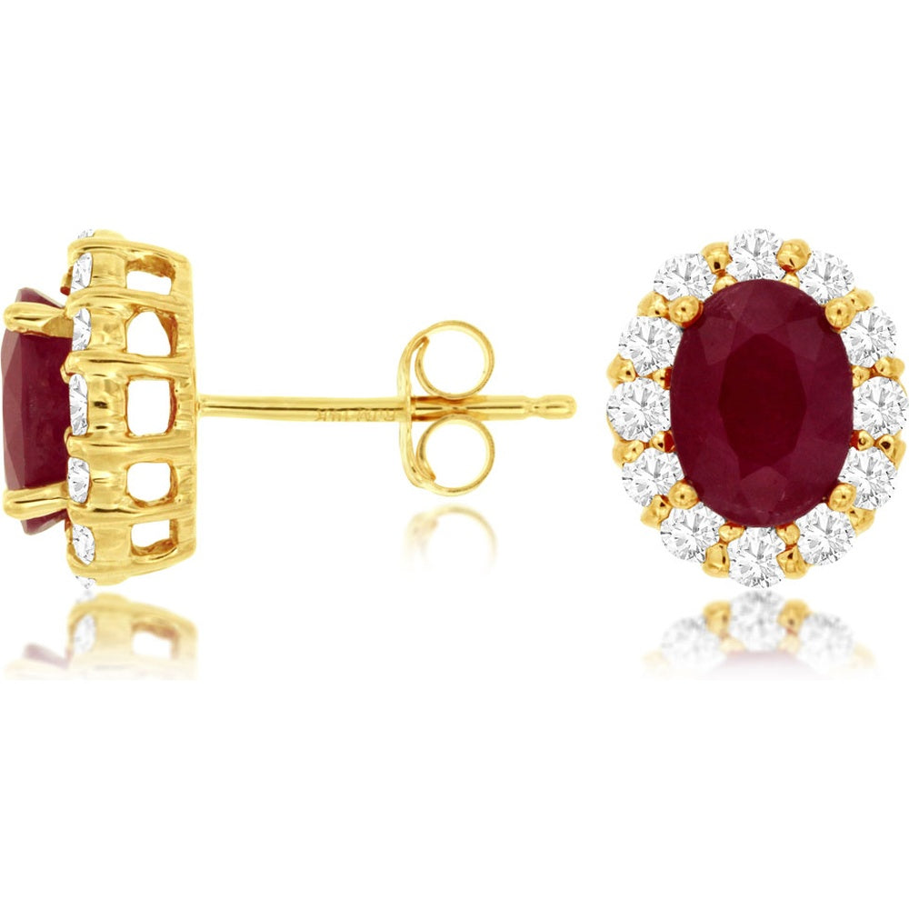14K Yellow Gold Oval Ruby and Diamond Halo Stud Earrings - 1.80 Carat Total Ruby Weight and 0.60 Carat Total Diamond Weight - Royal Jewelry
