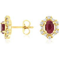 14K Yellow Gold Oval Ruby and Diamond Halo Stud Earrings with Alternating Round and Baguette Accents - 1.20 Carat Total Ruby Weight and 0.32 Carat Total Diamond Weight - Royal Jewelry