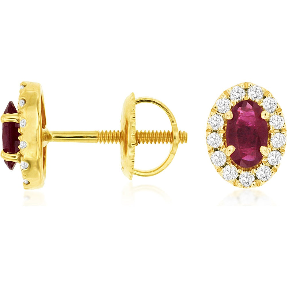 14K Yellow Gold Oval Ruby and Diamond Halo Stud Earrings with Secure Screw Backs - 0.44 Carat Total Ruby Weight and 0.18 Carat Total Diamond Weight - Royal Jewelry