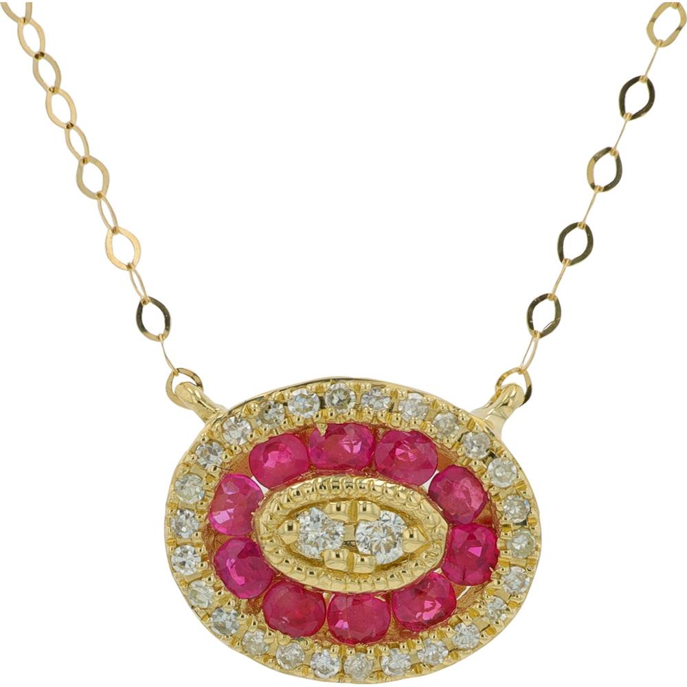14K Yellow Gold Oval Ruby and Diamond Necklace - 0.90 - 1.25 Carat Ruby, 0.30 Carat Diamond Total