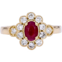 14K Yellow Gold Oval Ruby and Diamond Scalloped Halo Ring with Milgrain Detailing - 0.45 Carat Ruby and 0.43 Carat Total Diamond Weight