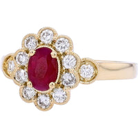 14K Yellow Gold Oval Ruby and Diamond Scalloped Halo Ring with Milgrain Detailing - 0.45 Carat Ruby and 0.43 Carat Total Diamond Weight