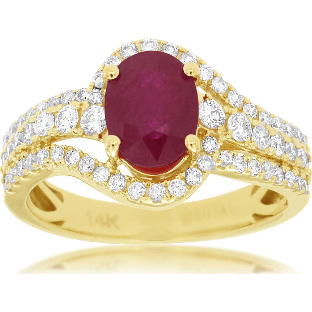 14K Yellow Gold Oval Ruby and Diamond Split Shank Ring - 1.23 Carat Ruby, 0.65 Carat Diamond Total Weight - Royal Jewelry