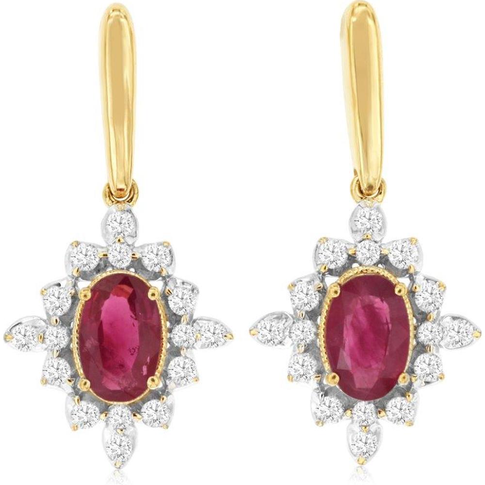 14K Yellow Gold Oval Ruby & Diamond Starburst Halo Drop Earrings - 1.10 Carat Total Ruby Weight, 0.33 Carat Total Diamond Weight - Royal Jewelry