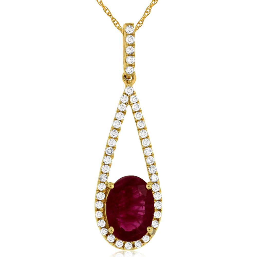 14K Yellow Gold Oval Ruby and Diamond Teardrop Halo Pendant - 1.25 Carat Ruby, 0.23 Carat Diamond Total Weight - Royal Jewelry