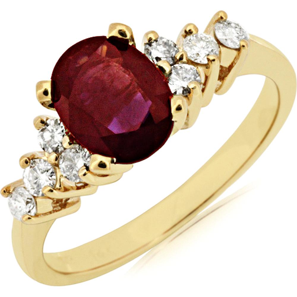 14K Yellow Gold Oval Ruby and Round Diamond Center Stone Ring - 1.25 Carat Ruby and 0.35 Carat Total Diamond Weight - Royal Jewelry