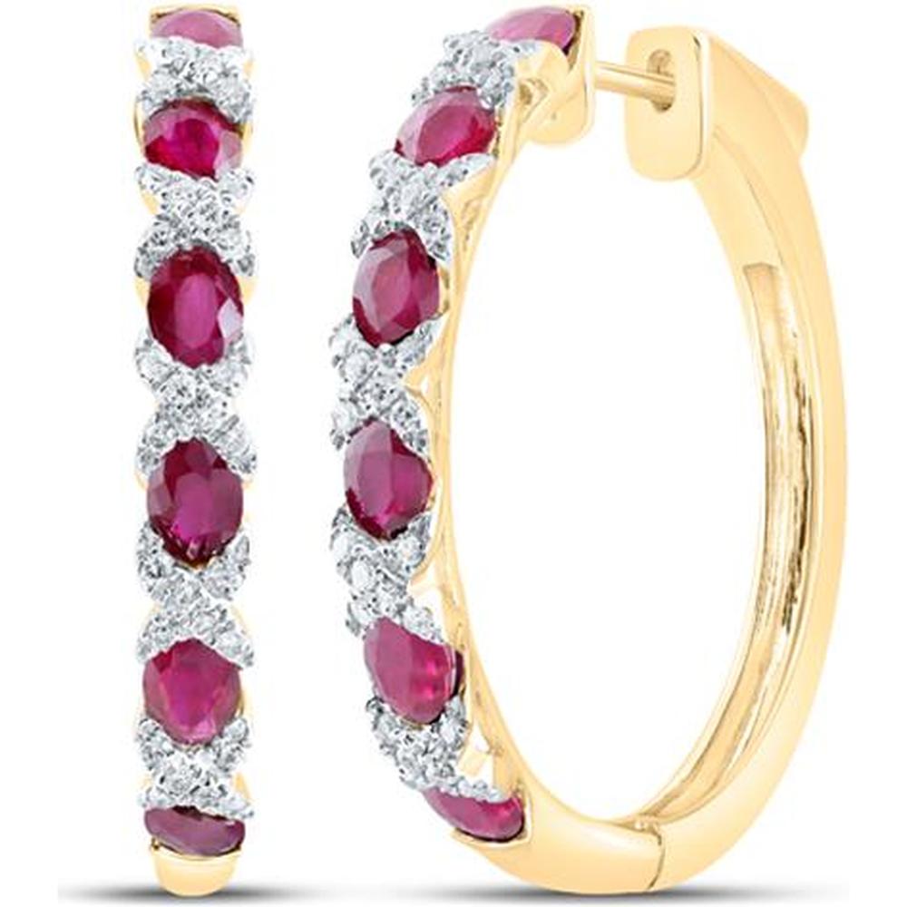 14K Yellow Gold Oval Ruby and Round Diamond Hoop Earrings - 3.11 Carat Total Gem Weight