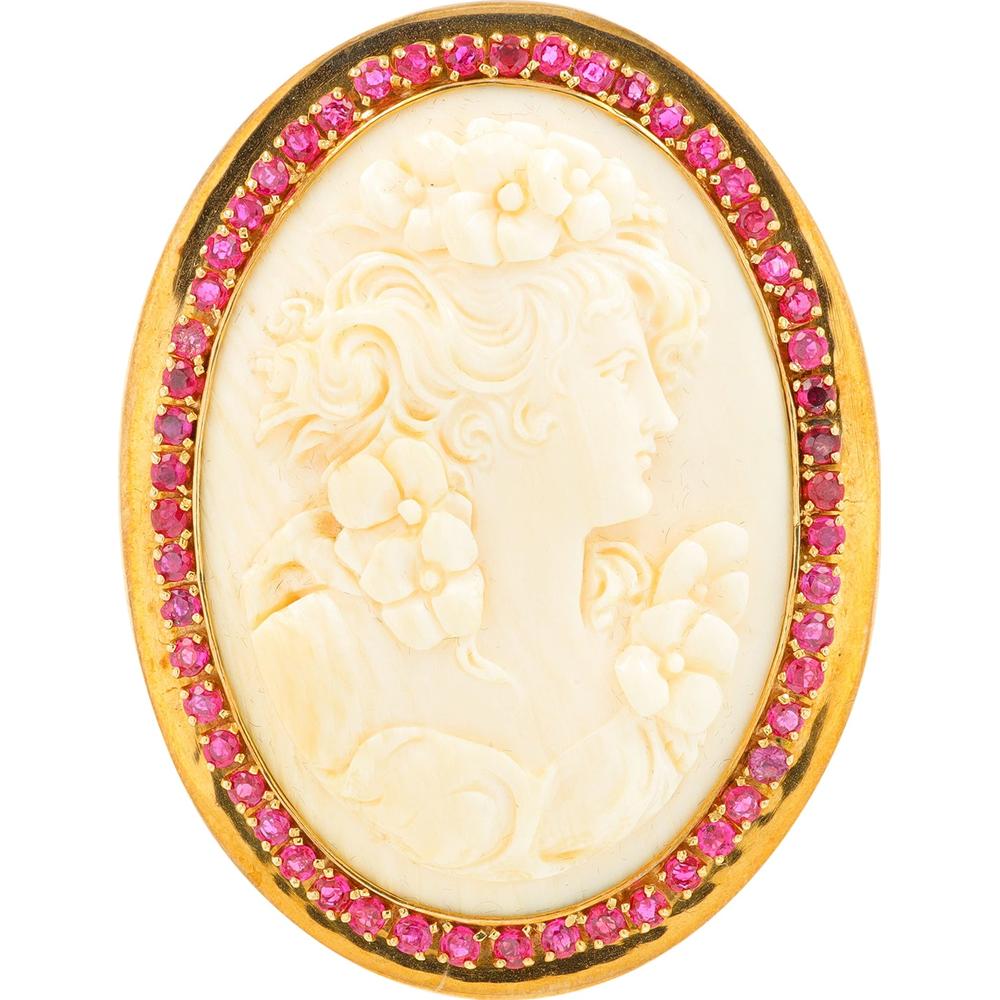 14K Yellow Gold Oval Ruby Cameo Necklace with Ivory Carving - C. 1940