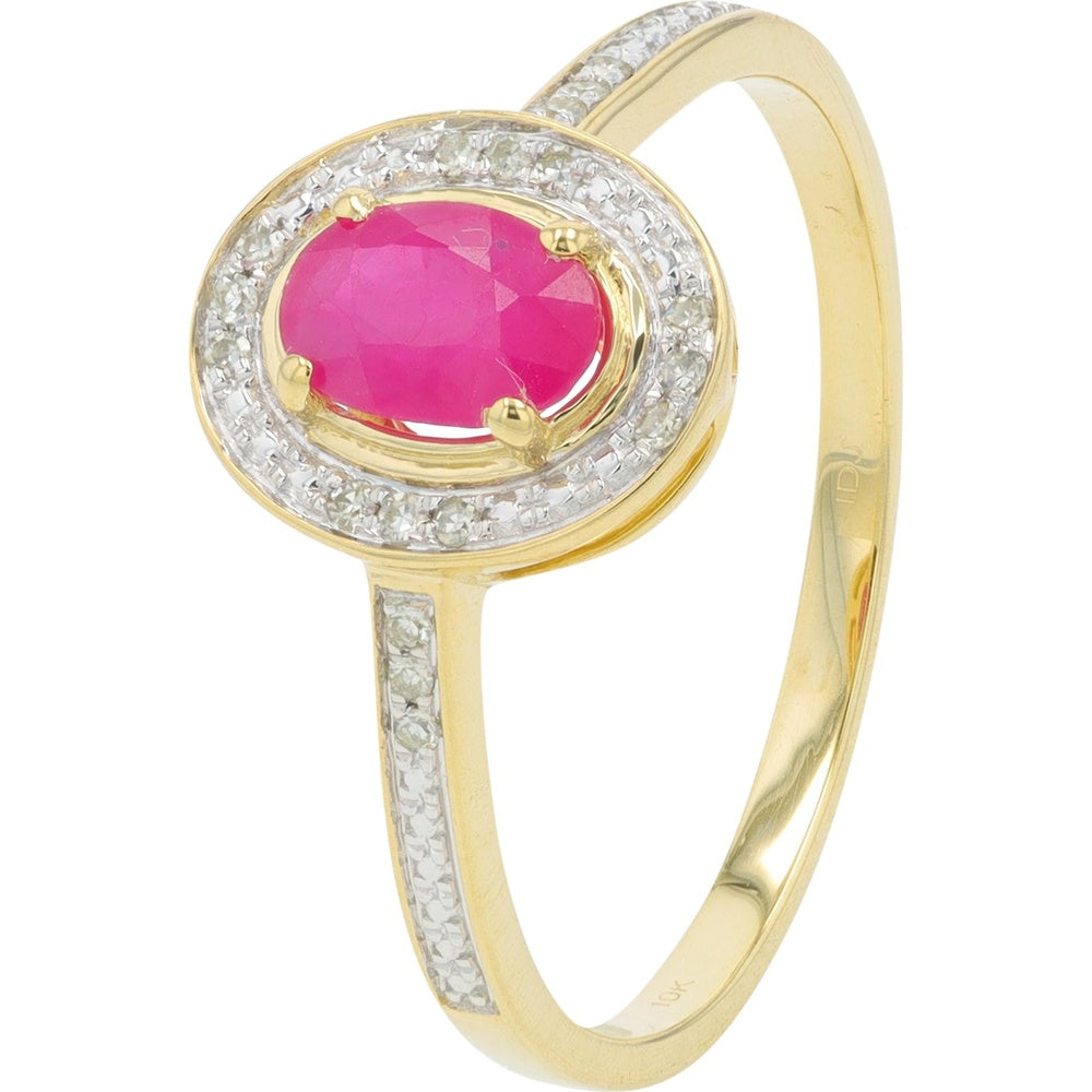 14K Yellow Gold Oval Ruby Halo Ring with Pavé Diamond Accents - 0.05 Carat Total Diamond Weight
