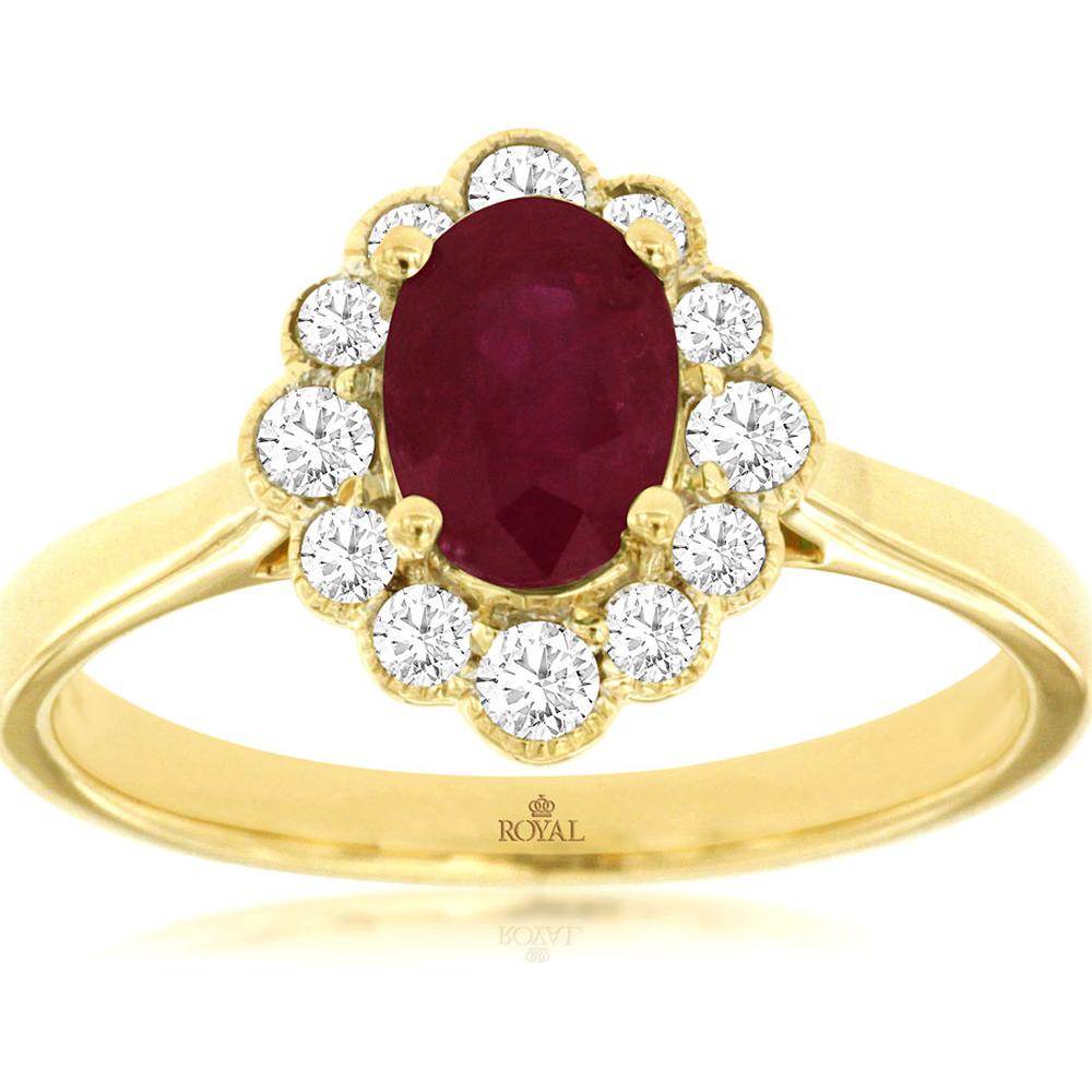 14K Yellow Gold Oval Ruby Halo Ring with Round Diamonds - 0.90 Carat Ruby and 0.35 Carat Total Diamond Weight - Royal Jewelry
