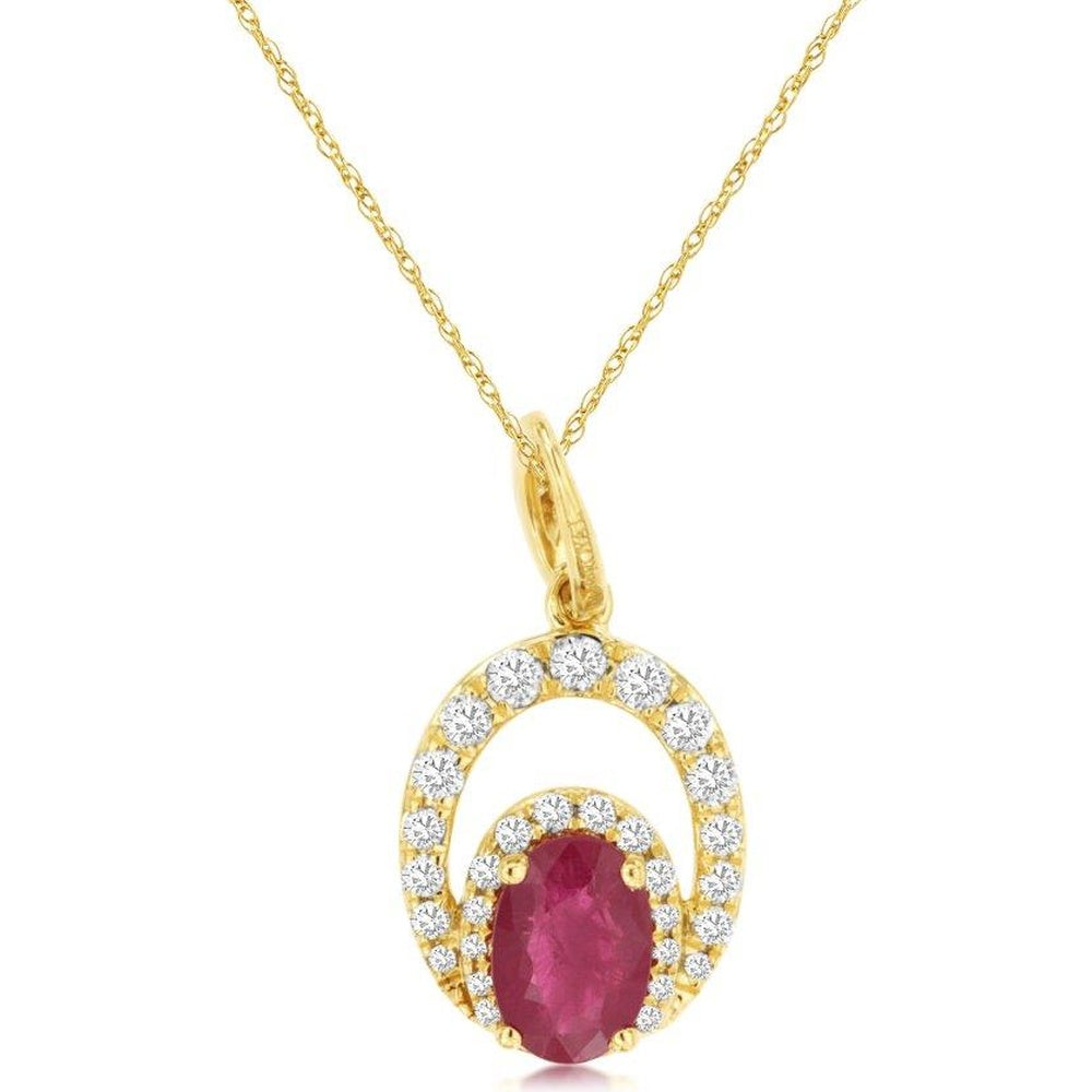 14K Yellow Gold Oval Ruby Pendant with Diamond Halo - 0.55 Carat Ruby and 0.20 Carat Total Diamond Weight - Royal Jewelry