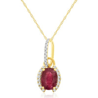 14K Yellow Gold Oval Ruby Pendant with Diamond Halo and Diamond-Encrusted Bail - 0.90 Carat Ruby and 0.10 Carat Diamond Total Weight - Royal Jewelry
