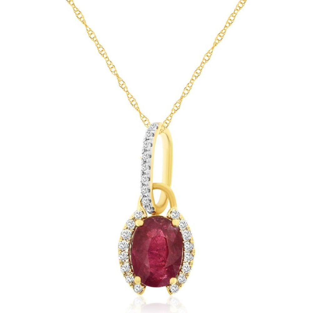 14K Yellow Gold Oval Ruby Pendant with Diamond Halo and Diamond-Encrusted Bail - 0.90 Carat Ruby and 0.10 Carat Diamond Total Weight - Royal Jewelry