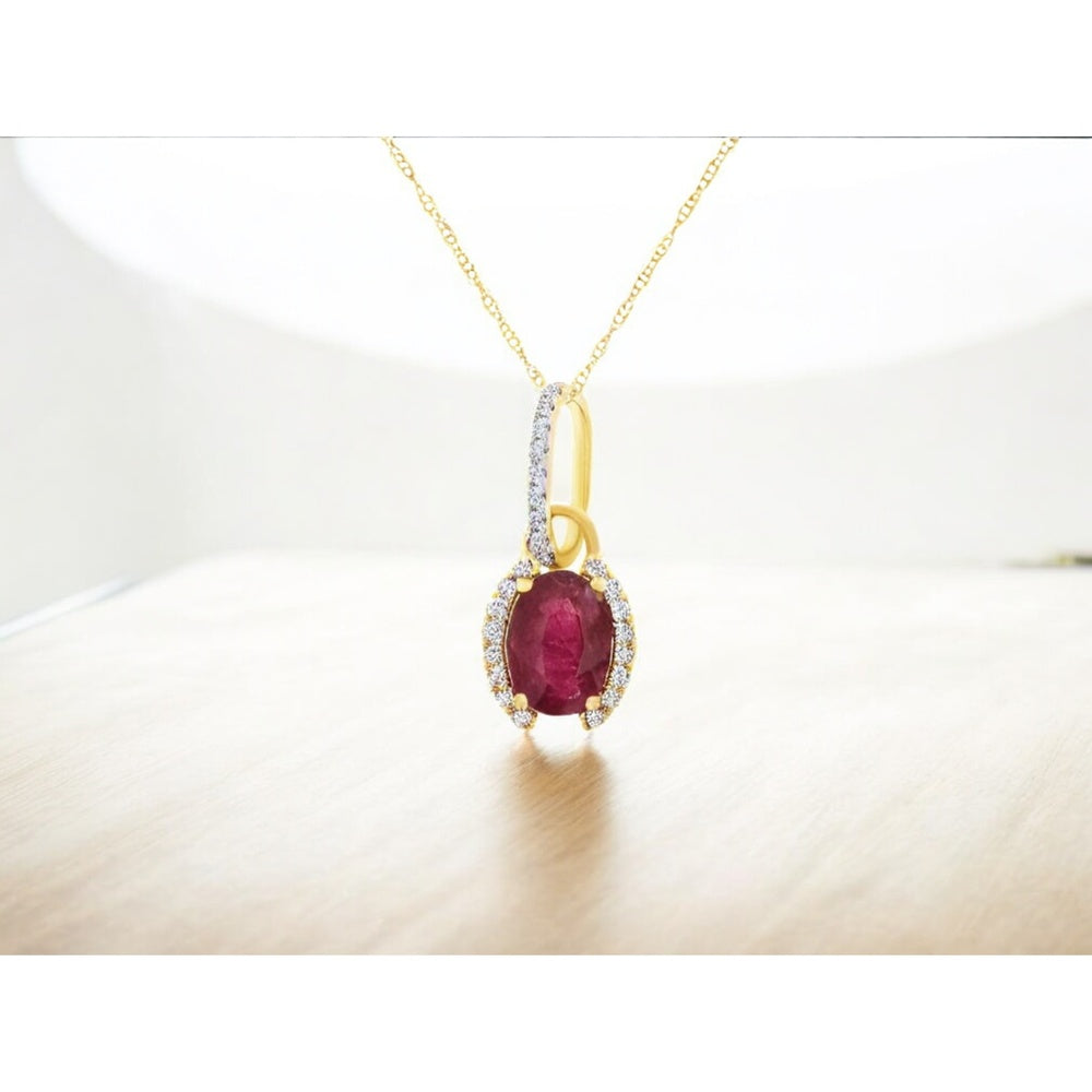 14K Yellow Gold Oval Ruby Pendant with Diamond Halo and Diamond-Encrusted Bail - 0.90 Carat Ruby and 0.10 Carat Diamond Total Weight - Royal Jewelry