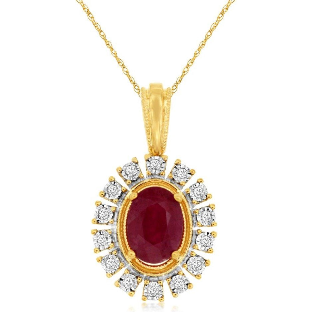 14K Yellow Gold Oval Ruby Pendant with Diamond Halo and Milgrain Detail - 0.90 Carat Ruby and 0.07 Carat Total Diamond Weight - Royal Jewelry