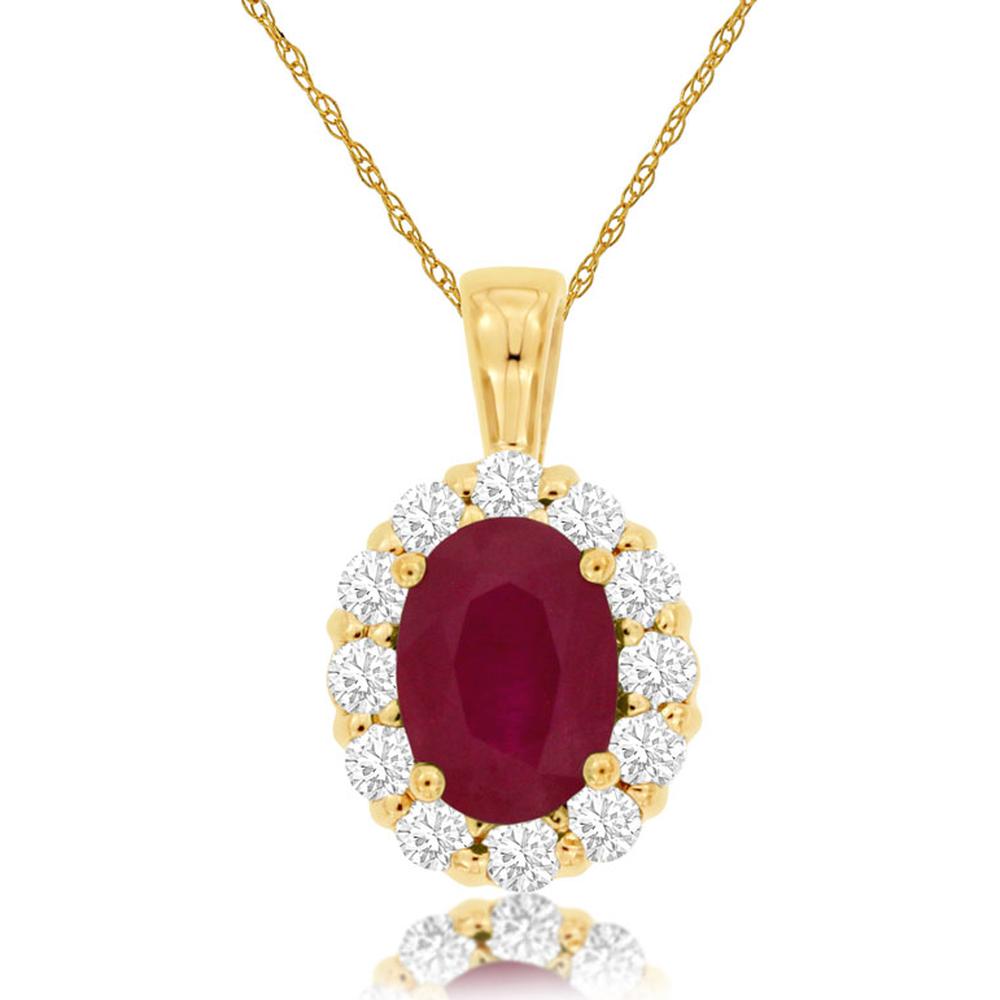 14K Yellow Gold Oval Ruby Pendant with Round Diamond Halo - 0.90 Carat Ruby and 0.30 Carat Total Diamond Weight - Royal Jewelry