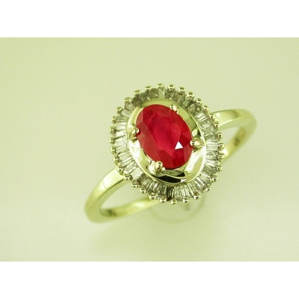 14K Yellow Gold Oval Ruby Ring with Baguette Diamond Halo Accents - 0.90 Carat Ruby and 0.25 Carat Total Diamond Weight - Royal Jewelry