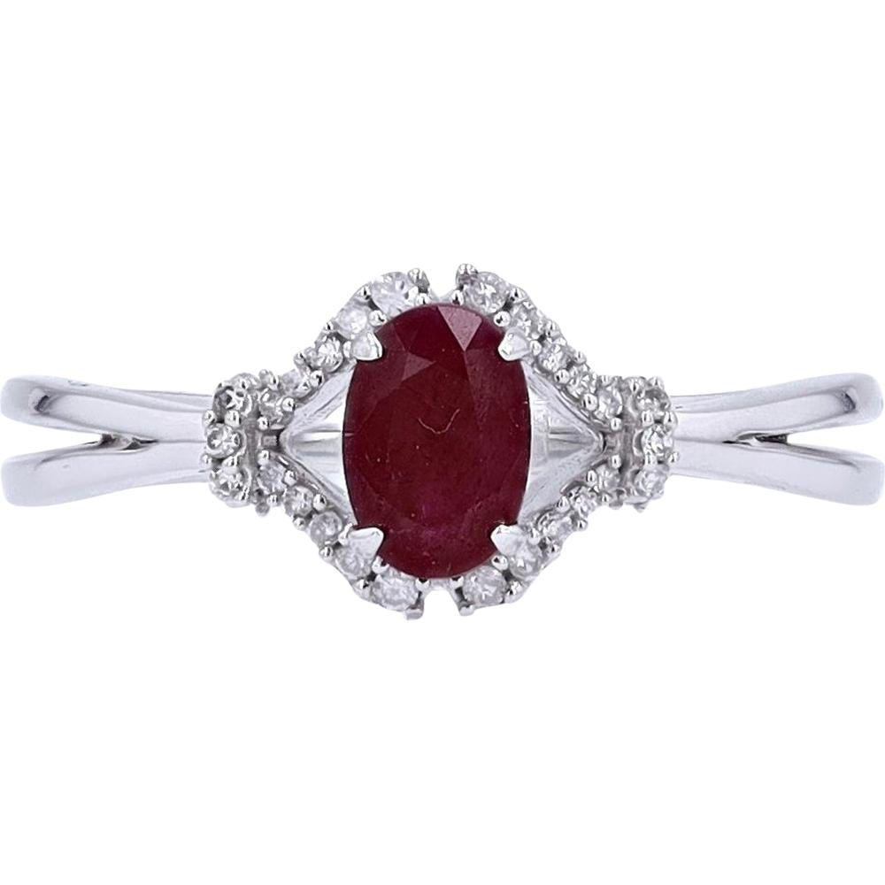 14K Yellow Gold Oval Ruby Ring with Diamond Halo - 0.10 Carats Total Diamond Weight