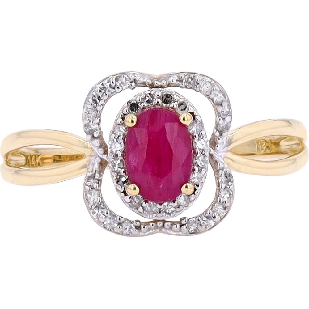 14K Yellow Gold Oval Ruby Ring with Diamond Halo - 0.15 Carats Total Diamond Weight