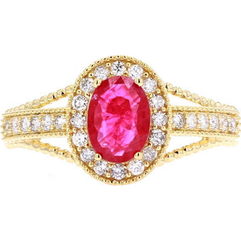 14K Yellow Gold Oval Ruby Ring with Diamond Halo - 0.78 Carats Ruby and 0.28 Carats Diamonds