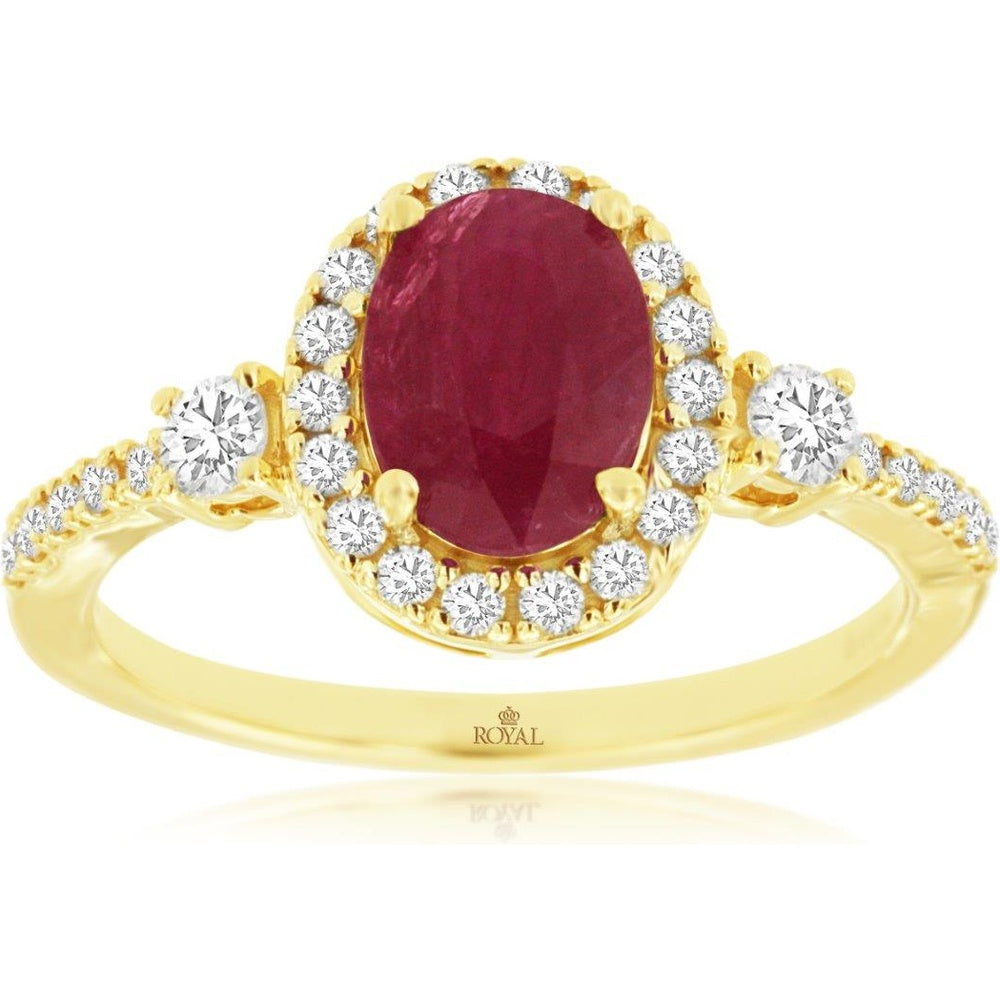 14K Yellow Gold Oval Ruby Ring with Diamond Halo and Accents - 1.20 Carat Ruby and 0.40 Carat Total Diamond Weight - Royal Jewelry