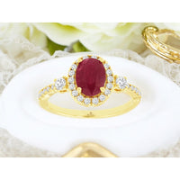 14K Yellow Gold Oval Ruby Ring with Diamond Halo and Accents - 1.20 Carat Ruby and 0.40 Carat Total Diamond Weight - Royal Jewelry