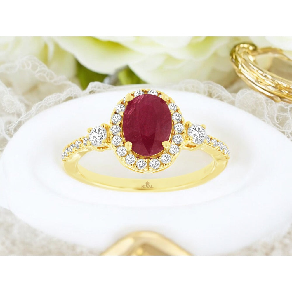14K Yellow Gold Oval Ruby Ring with Diamond Halo and Accents - 1.20 Carat Ruby and 0.40 Carat Total Diamond Weight - Royal Jewelry