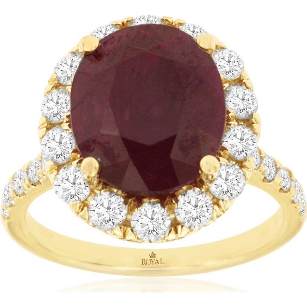 14K Yellow Gold Oval Ruby Ring with Round Diamond Halo – 5.75 Carat Ruby and 1.25 Carat Diamond Total Weight - Royal Jewelry