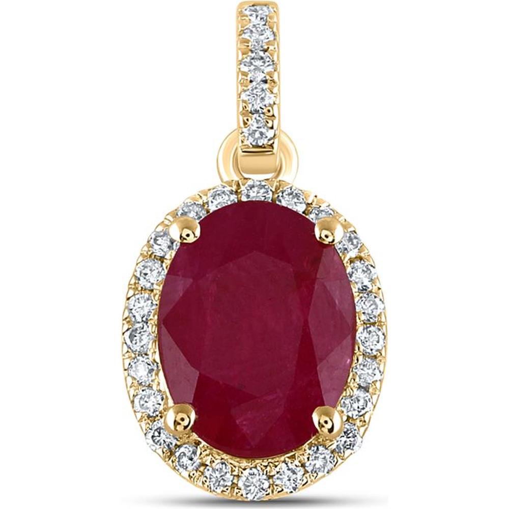 14K Yellow Gold Oval Ruby Solitaire Pendant with Diamond Halo - 1.60 Carat Total Gemstone Weight