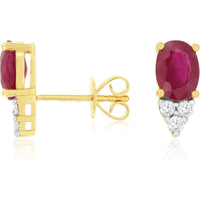 14K Yellow Gold Oval Ruby Stud Earrings with Diamond Triangle Accents - 2.12 Carat Total Ruby Weight and 0.19 Carat Total Diamond Weight - Royal Jewelry