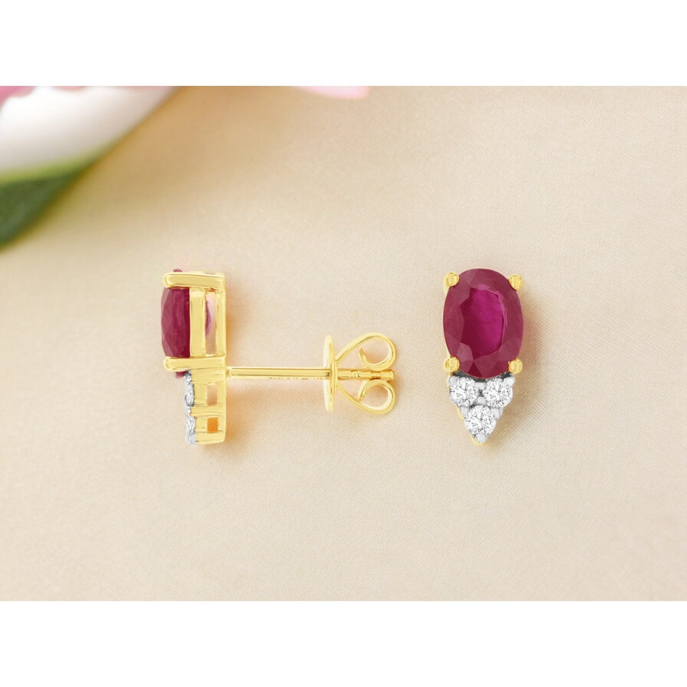 14K Yellow Gold Oval Ruby Stud Earrings with Diamond Triangle Accents - 2.12 Carat Total Ruby Weight and 0.19 Carat Total Diamond Weight - Royal Jewelry