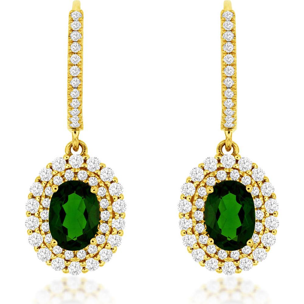 14K Yellow Gold Oval Russalite and Diamond Double Halo Drop Earrings - 1.90 Carat Total Russalite Weight, 0.85 Carat Total Diamond Weight - Royal Jewelry