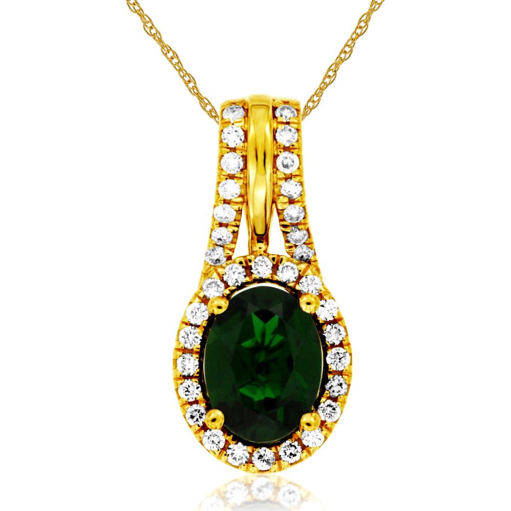 14K Yellow Gold Oval Russalite and Diamond Halo Pendant Necklace - 1.30 Carat Russalite and 0.24 Carat Total Diamond Weight - Royal Jewelry