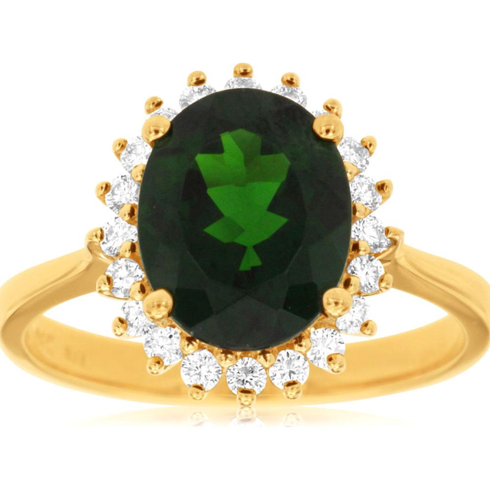 14K Yellow Gold Oval Russalite & Diamond Halo Ring - 2.60 Carat Russalite, 0.36 Carat Diamonds - Royal Jewelry